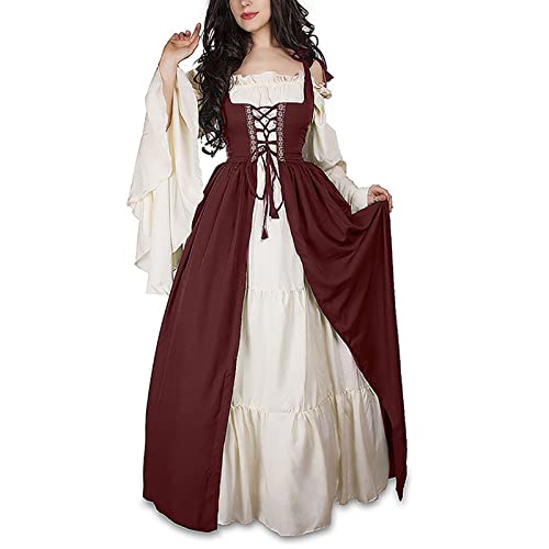 Guiran Damen Mittelalterliche Kleid mit Trompetenärmel Mittelalter Party Kostüm Maxikleid rot 2XL von Guiran