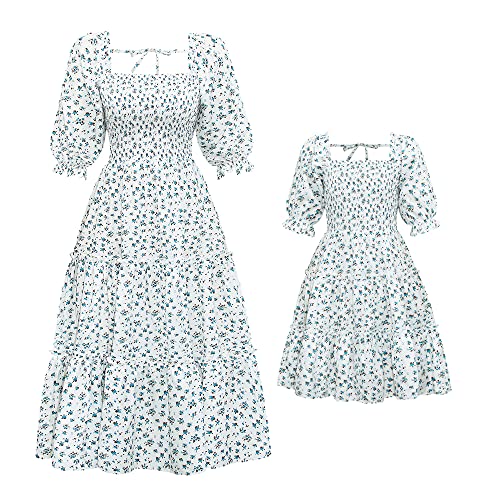 Guiran Eltern-Kind-Kleid für Damen, Mädchen, Freizeitkleid, Blumennähte, lang, Mutter-Tochter-Kleid, passender Sternen-Druck, Mutter-Tochter-Kleid von Guiran