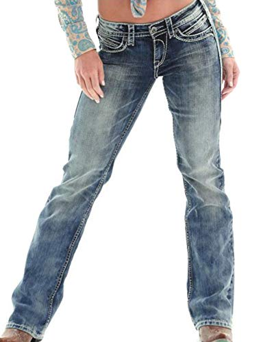 Guiran Straight Jeans Damen Push Up Boyfriend Stretch Low Waist Destroyed Ripped Denim Hosen Dunkelblau 42 von Guiran