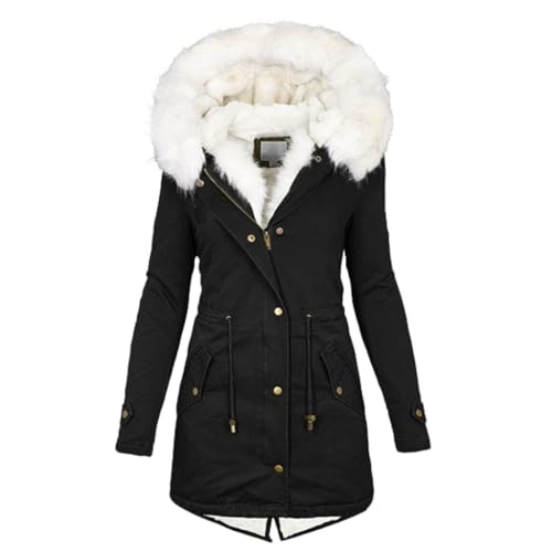 Guiran Winterjacke Damen Lang - Warmer Mantel mit Kapuze, Winterparka mit Reißverschluss, Slim-Fit Plüschjacke mit Kordelzug und Taschen von Guiran