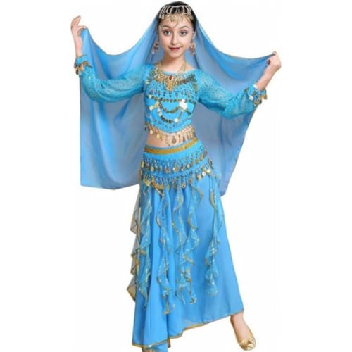Kinder Mädchens Damen Bauchtänzerin Indische Langarm Top Rock Tanzkleid Kostüme Lake Blau XL Höhengeeignet 135-150CM von Guiran