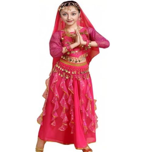 Kinder Mädchens Damen Bauchtänzerin Indische Langarm Top Rock Tanzkleid Kostüme Rose S Höhengeeignet 80-100CM von Guiran