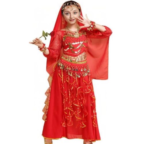Kinder Mädchens Damen Bauchtänzerin Indische Langarm Top Rock Tanzkleid Kostüme Rot L Höhengeeignet 120-135CM von Guiran