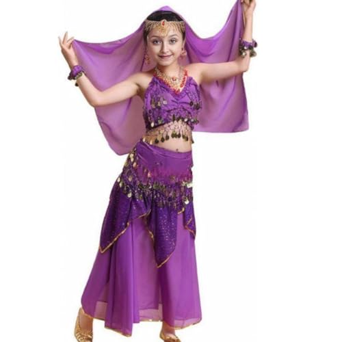 Kinder Mädchens Damen Tanzkleid Top Rock Indische Bauchtänzerin Kostüme Dunkelviolett M Höhengeeignet 100-120CM von Guiran