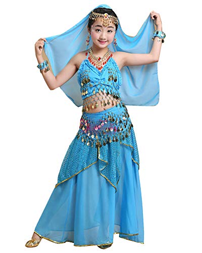 Kinder Mädchens Damen Tanzkleid Top Rock Indische Bauchtänzerin Kostüme Lake Blau L Höhengeeignet 120-135CM von Guiran