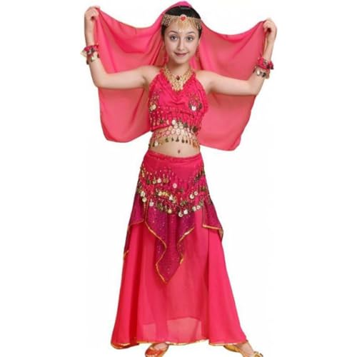 Kinder Mädchens Damen Tanzkleid Top Rock Indische Bauchtänzerin Kostüme Rose XL Höhengeeignet 135-150CM von Guiran