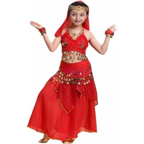 Kinder Mädchens Damen Tanzkleid Top Rock Indische Bauchtänzerin Kostüme Rot XL Höhengeeignet 135-150CM von Guiran