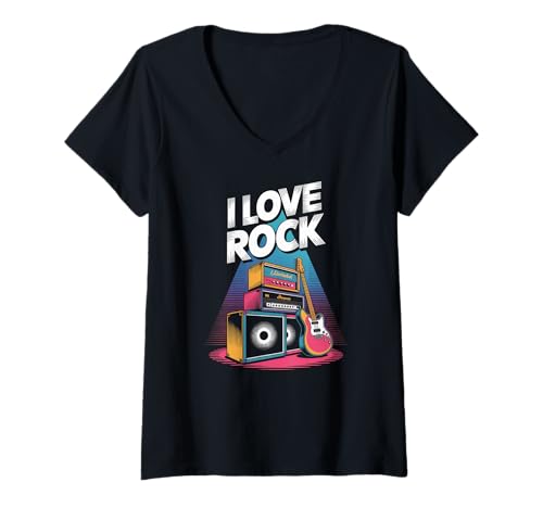 Damen I Love Rock Music Gitarrenverstärker Kunst T-Shirt mit V-Ausschnitt Damen I Love Rock Music Gitarrenverstärker Kunst T-Shirt mit V-Ausschnitt von Guitar Amplifier Rock And Roll Music Lovers