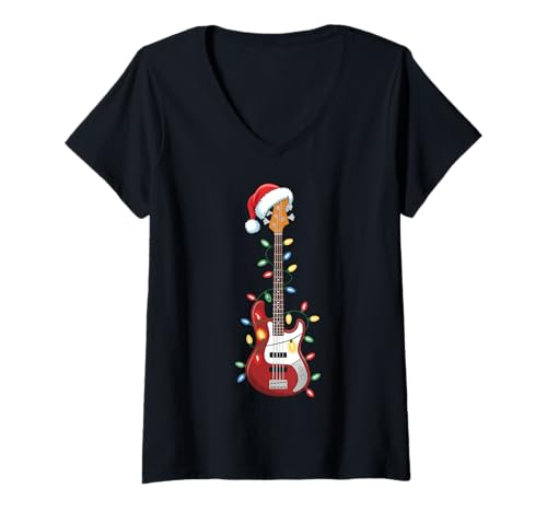 Damen Gitarre Weihnachtsmannmütze Weihnachtsbeleuchtung Bassspieler Gitarristen Xmas T-Shirt mit V-Ausschnitt Damen Gitarre Weihnachtsmannmütze Weihnachtsbeleuchtung Bassspieler Gitarristen Xmas T-Shirt mit V-Ausschnitt von Guitar Bassist Christmas Music Costume