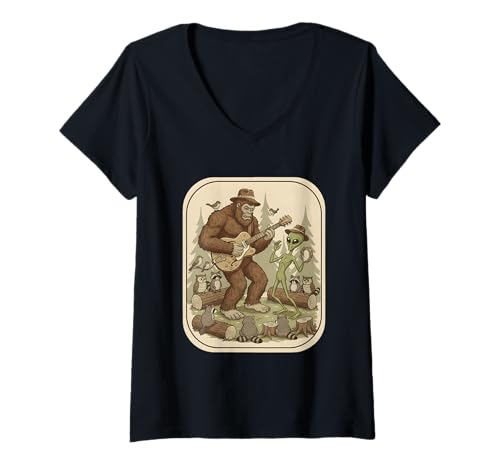 Damen Bigfoot Sasquatch Jam Session Band für Männer und Jungen T-Shirt mit V-Ausschnitt von Guitar Bigfoot Designs For Men and Boys