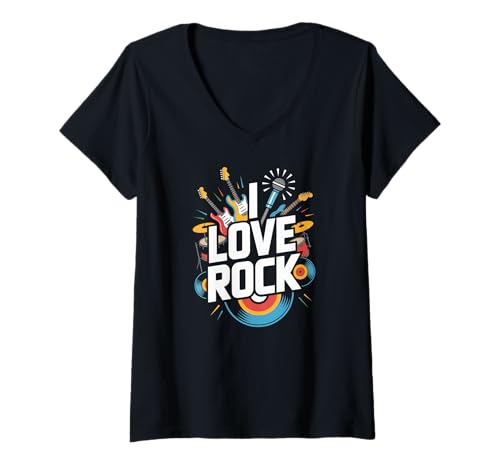 Damen I Love Rock Guitars Drums Mikrofon Fun T-Shirt mit V-Ausschnitt Damen I Love Rock Guitars Drums Mikrofon Fun T-Shirt mit V-Ausschnitt von Guitar Drums Microphone Vinyl Band Rock
