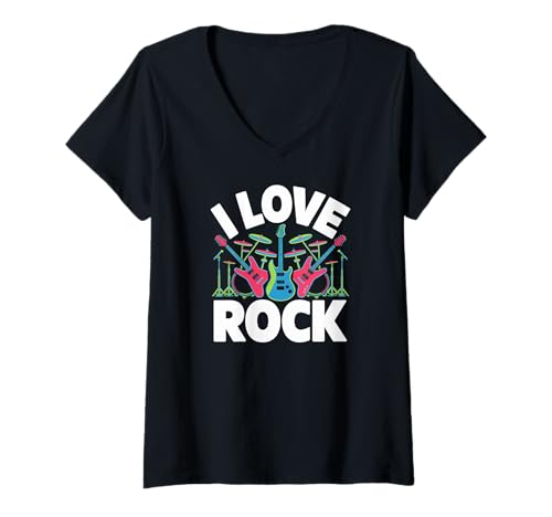 Damen Ich Liebe Rockgitarren-Schlagzeugmusik T-Shirt mit V-Ausschnitt von Guitar Drums Rock Music Enthusiast