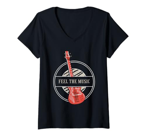 Damen Feel The Music Retro-Gitarrenspieler T-Shirt mit V-Ausschnitt von Guitar Player Designs Shirt Merch & Co.