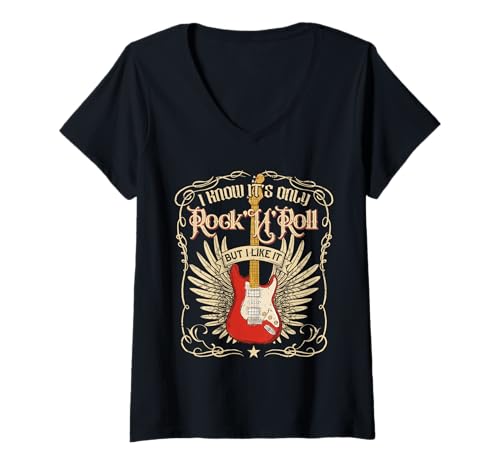 Damen I Know It's Only Rock'N'Roll But I Like It, Rockmusik T-Shirt mit V-Ausschnitt von Guitar Retro lovers