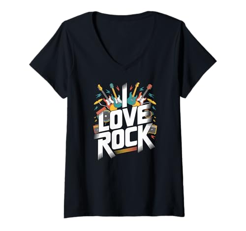 Damen Ich Liebe Rockgitarren-Musik-Enthusiast T-Shirt mit V-Ausschnitt von Guitar Rock Electric Music Fan