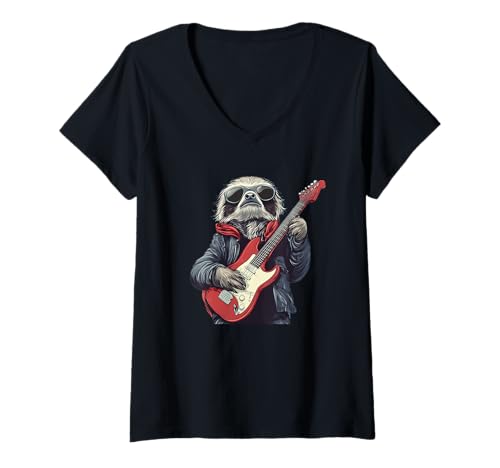 Damen Electric Vibes mit Faultier und Rockgitarre Kostüm T-Shirt mit V-Ausschnitt Damen Electric Vibes mit Faultier und Rockgitarre Kostüm T-Shirt mit V-Ausschnitt von Guitar Sloth