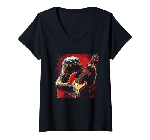 Damen Nette Sonnenbrille Faultier Kostüm mit E-Gitarre T-Shirt mit V-Ausschnitt Damen Nette Sonnenbrille Faultier Kostüm mit E-Gitarre T-Shirt mit V-Ausschnitt von Guitar Sloth