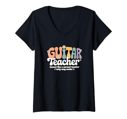 Damen Retro Groovy Gitarre Lehrer Akustische Elektrische Musik Schule T-Shirt mit V-Ausschnitt Damen Retro Groovy Gitarre Lehrer Akustische Elektrische Musik Schule T-Shirt mit V-Ausschnitt von Guitar Teacher Apparel for Women & Men
