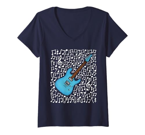 Damen E-Gitarre Musiknoten Gitarrist (Blau) T-Shirt mit V-Ausschnitt von Guitar Teacher Notation Guitarist By DoodleRob
