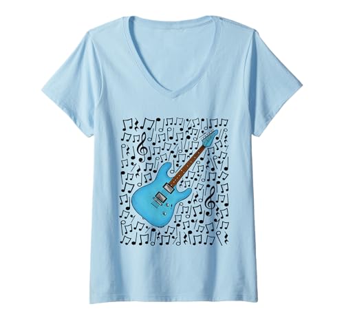 Damen E-Gitarre Musiknoten Gitarrist (Blau) T-Shirt mit V-Ausschnitt von Guitar Teacher Notation Guitarist By DoodleRob