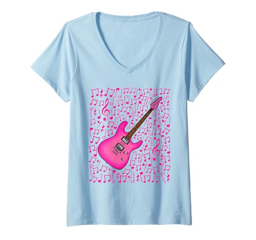 Damen E-Gitarre Musiknoten Gitarrist (Pink) T-Shirt mit V-Ausschnitt von Guitar Teacher Notation Guitarist By DoodleRob