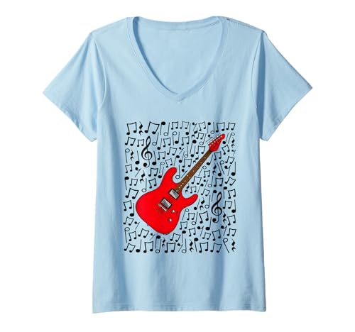 Damen E-Gitarre Musiknoten Gitarrist (Rot) T-Shirt mit V-Ausschnitt von Guitar Teacher Notation Guitarist By DoodleRob