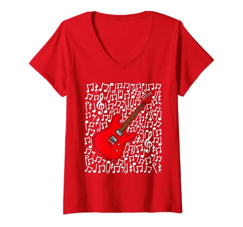 Damen E-Gitarre Musiknoten Gitarrist (Rot) T-Shirt mit V-Ausschnitt von Guitar Teacher Notation Guitarist By DoodleRob