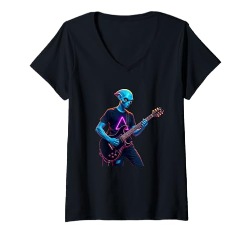 Damen Funny Space Guitarist Aliens Foto Gitarren Alien Gitarristen T-Shirt mit V-Ausschnitt Damen Funny Space Guitarist Aliens Foto Gitarren Alien Gitarristen T-Shirt mit V-Ausschnitt von Guitarist Alien Guitar Alien Guitar Alien Shirt