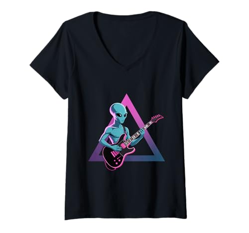 Damen Funny Space Guitarist Aliens Foto Gitarren Alien Gitarristen T-Shirt mit V-Ausschnitt Damen Funny Space Guitarist Aliens Foto Gitarren Alien Gitarristen T-Shirt mit V-Ausschnitt von Guitarist Alien Guitar Alien Guitar Alien Shirt