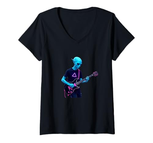 Damen Funny Space Guitarist Aliens Foto Gitarren Alien Gitarristen T-Shirt mit V-Ausschnitt Damen Funny Space Guitarist Aliens Foto Gitarren Alien Gitarristen T-Shirt mit V-Ausschnitt von Guitarist Alien Guitar Alien Guitar Alien Shirt