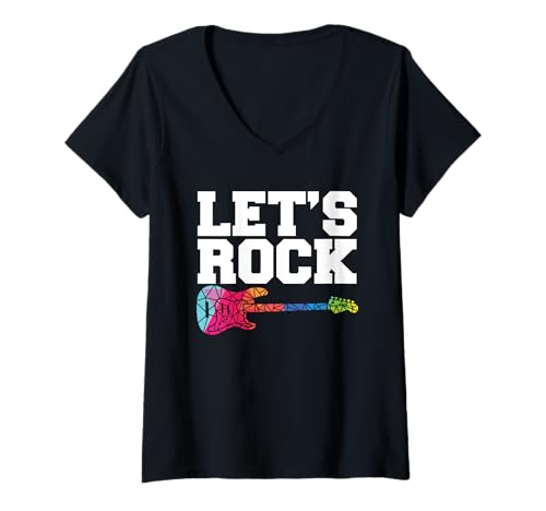 Damen Lets Rock I Rock n Roll Gitarre Retro Musiker I Gitarre T-Shirt mit V-Ausschnitt von Guitarist Gifts & Musician Gifts & Guitar Gifts