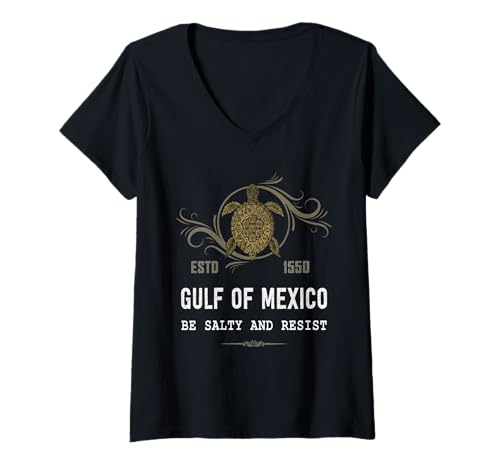 Damen Gulf of Mexico Turtle Be Salty and Resist Grafik T-Shirt mit V-Ausschnitt Damen Gulf of Mexico Turtle Be Salty and Resist Grafik T-Shirt mit V-Ausschnitt von Gulf Of Mexico Turtle Shirts