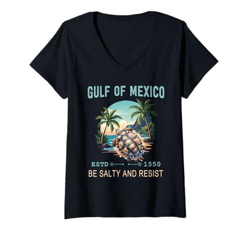Damen Gulf of Mexico Turtle Be Salty and Resist Grafik T-Shirt mit V-Ausschnitt von Gulf Of Mexico Turtle Shirts