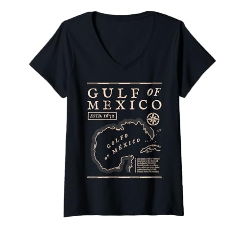 Damen Historische Karte des Golfs von Mexiko 1672 T-Shirt mit V-Ausschnitt von Gulf of Mexico Not US America Historic Estd. 1672