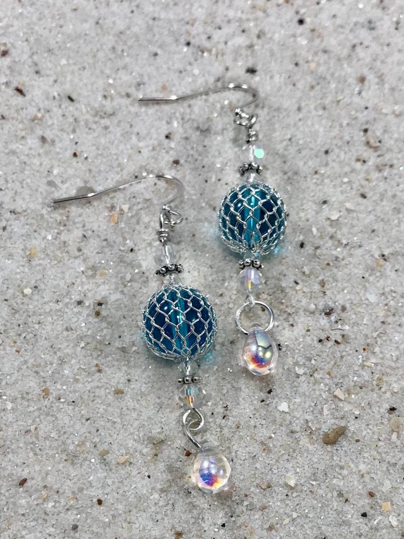 Aqua Glass Float Ohrringe Swarovski Kristall Strandschmuck von GulfCoastTreasure