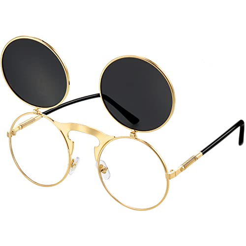 Gulfmew Sonnenbrille Aufklappbare Lustig Steampunk Brille Witzige Sunglasses Klappbar Gläser(Gold Rahmen, Graue Linse) von Gulfmew