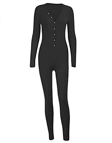 Damen Sexy Butt Button Back Flap Jumpsuit Pyjama V-Ausschnitt Langarm One Piece Bodycon Strampler Onesies (Schwarz, L) von GuliriFe