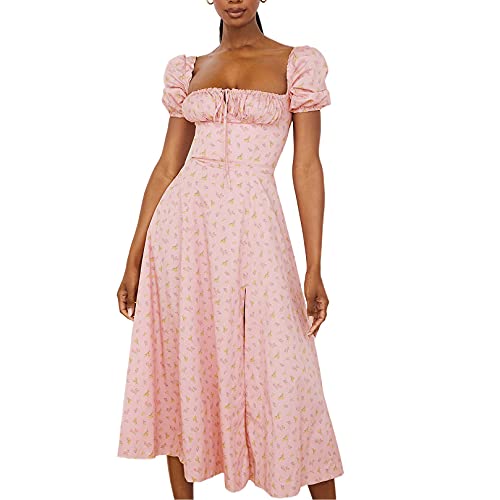 Damen Sommer Böhmische Blumendruck Puffärmel Strandparty Fstehende Rüschen Split Maxikleid Y2K Retro E-Girl 90S Langes Kleid (z13, M, m) von GuliriFe