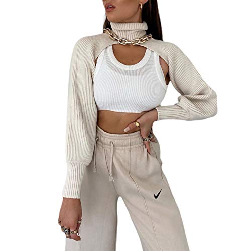 Damen Y2K Rollkragenpullover Puffärmel Crop Top Pullover Arm Warme Achselzucken Gestrickte Achselzucken Lässige Strickwaren Streetwear (Beige, Einheitsgröße) von GuliriFe