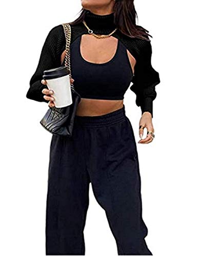 Damen Y2K Rollkragenpullover Puffärmel Crop Top Pullover Arm Warme Achselzucken Gestrickte Achselzucken Lässige Strickwaren Streetwear (Schwarz, Einheitsgröße) von GuliriFe