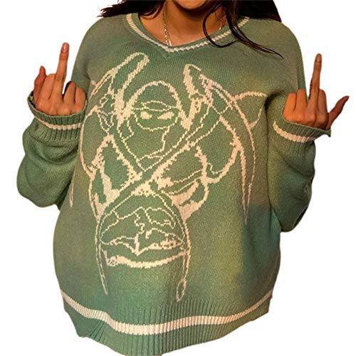 Damenpullover Y2K Geometric Sweater Strickuniform Langarm Loose Pullover Tops Preppy Style Winter Argyle Kleidung (Grün, M) von GuliriFe