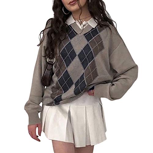 Damenpullover Y2K Geometric Sweater Strickuniform Langarm Loose Pullover Tops Preppy Style Winter Argyle Kleidung (z2, L) von GuliriFe