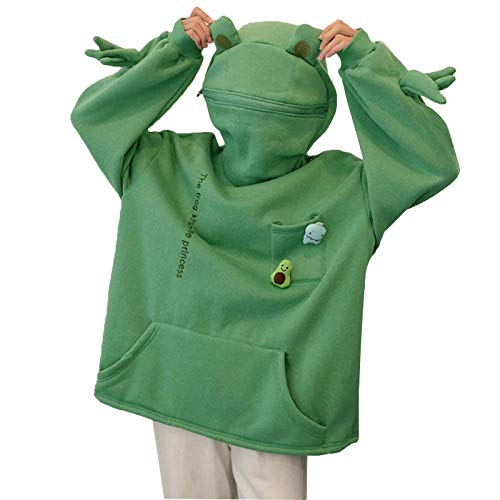 GuliriFe Damen Cute Frog Hoodie Lose Pullover Kapuzenpullover mit Reißverschluss und große Fronttasche (Grün3, L) von GuliriFe