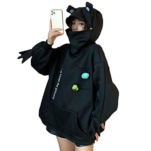 GuliriFe Damen Cute Frog Hoodie Lose Pullover Kapuzenpullover mit Reißverschluss und große Fronttasche (Schwarz2, XXL) von GuliriFe