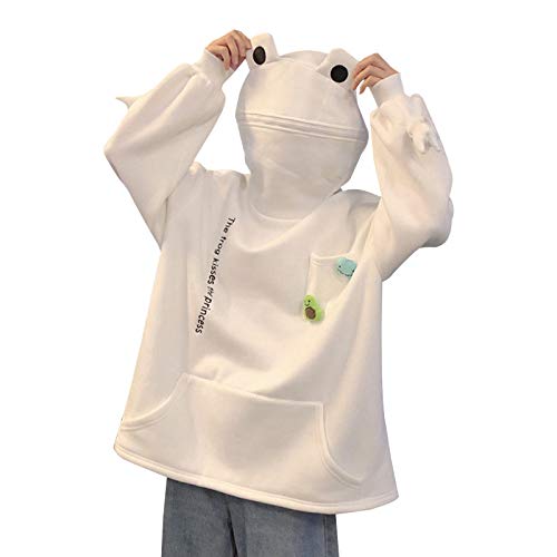 GuliriFe Damen Cute Frog Hoodie Lose Pullover Kapuzenpullover mit Reißverschluss und große Fronttasche (Weiß, M) von GuliriFe