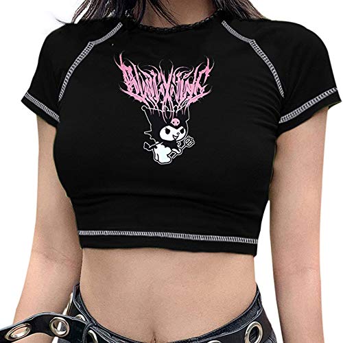 GuliriFe Damen E Mädchen Kleidung Schmetterling Grafikdruck Stich Kurzarm Y2K Crop Top für Teen Girls Sommer (schwarz, XL) von GuliriFe