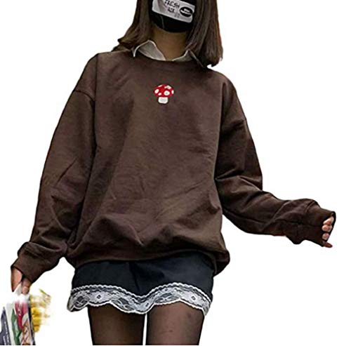 GuliriFe Damen Pilz Stickerei Pullover Sweatshirt Y2K Langarm Pullover Tunika Casual Rundhals Hoodie Tops 90S Streetwear (Braun, L) von GuliriFe