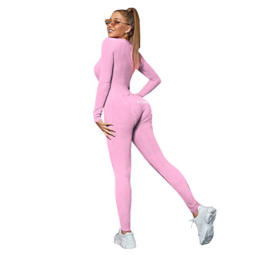 GuliriFe Damen Sexy Butt Button Back Flap Jumpsuit V-Ausschnitt Langarm Einteiliger Pyjama Sexy Bodycon Strampler Onesies Clubwear (Rosa, S) von GuliriFe