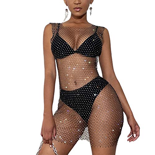 GuliriFe Damen Sexy Strass Durchsichtig Mesh Kleid Bikini Badeanzug Cover Up Rave Festival Club Midikleid Schwarz (Schwarz, L) von GuliriFe