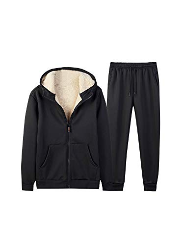 GuliriFe Herren 2 PCs Winter Warm Trainingsanzug Mit Kapuze Zwei-Teilig Jogginganzug Casual Sportanzug Langarm Freizeitanzug Sherpa-Futter Heavyweight Jacke+Hosen (Schwarze Crop-Hose, L) von GuliriFe